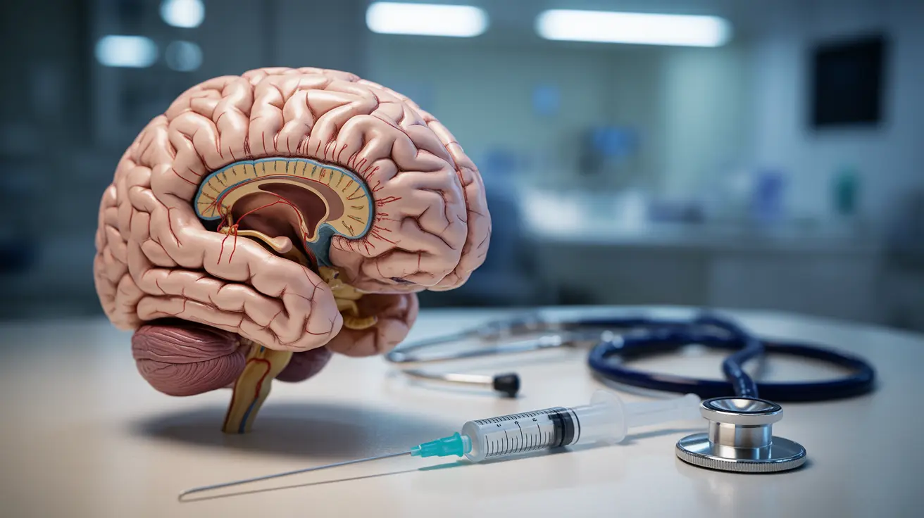 Detailed illustration of a human brain showing interventions for stroke treatments including thrombolysis, medical equipment like a syringe and stethoscope in the background.
