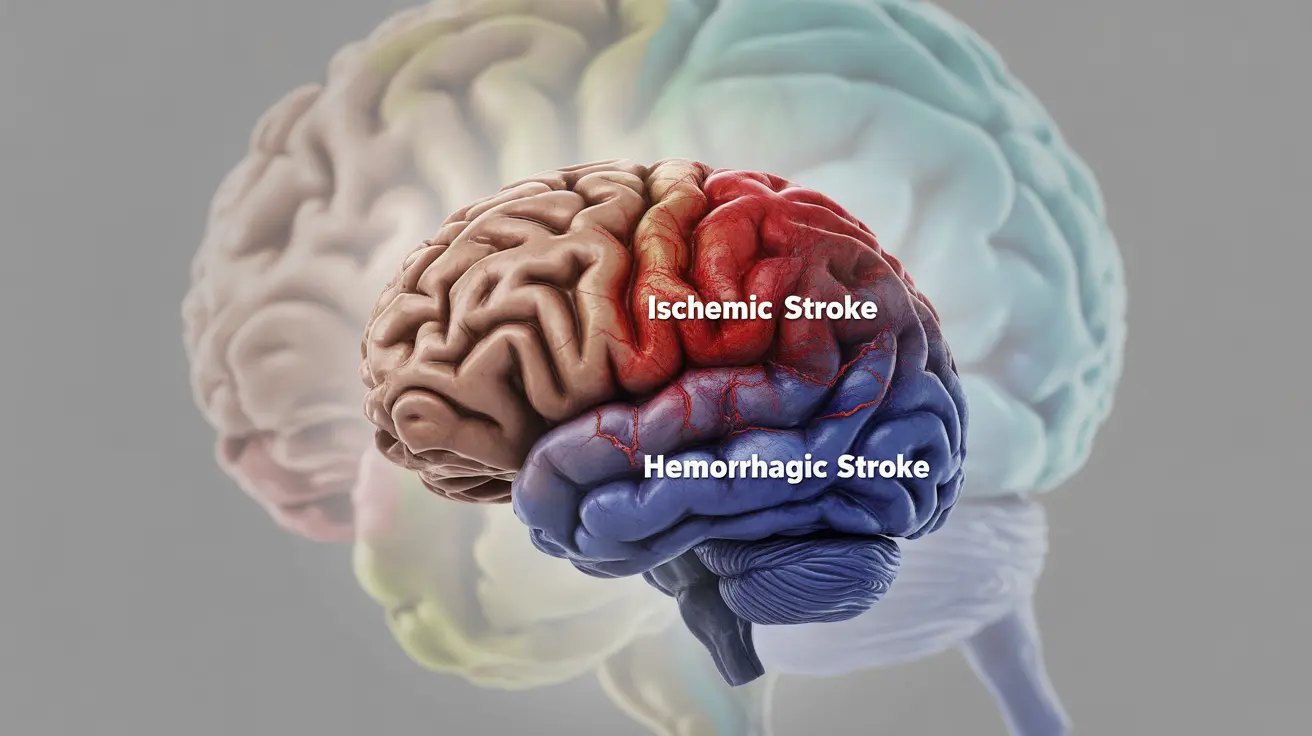 Illustration of a human brain showing ischemic and hemorrhagic regions, labeled for clarity against a medical background