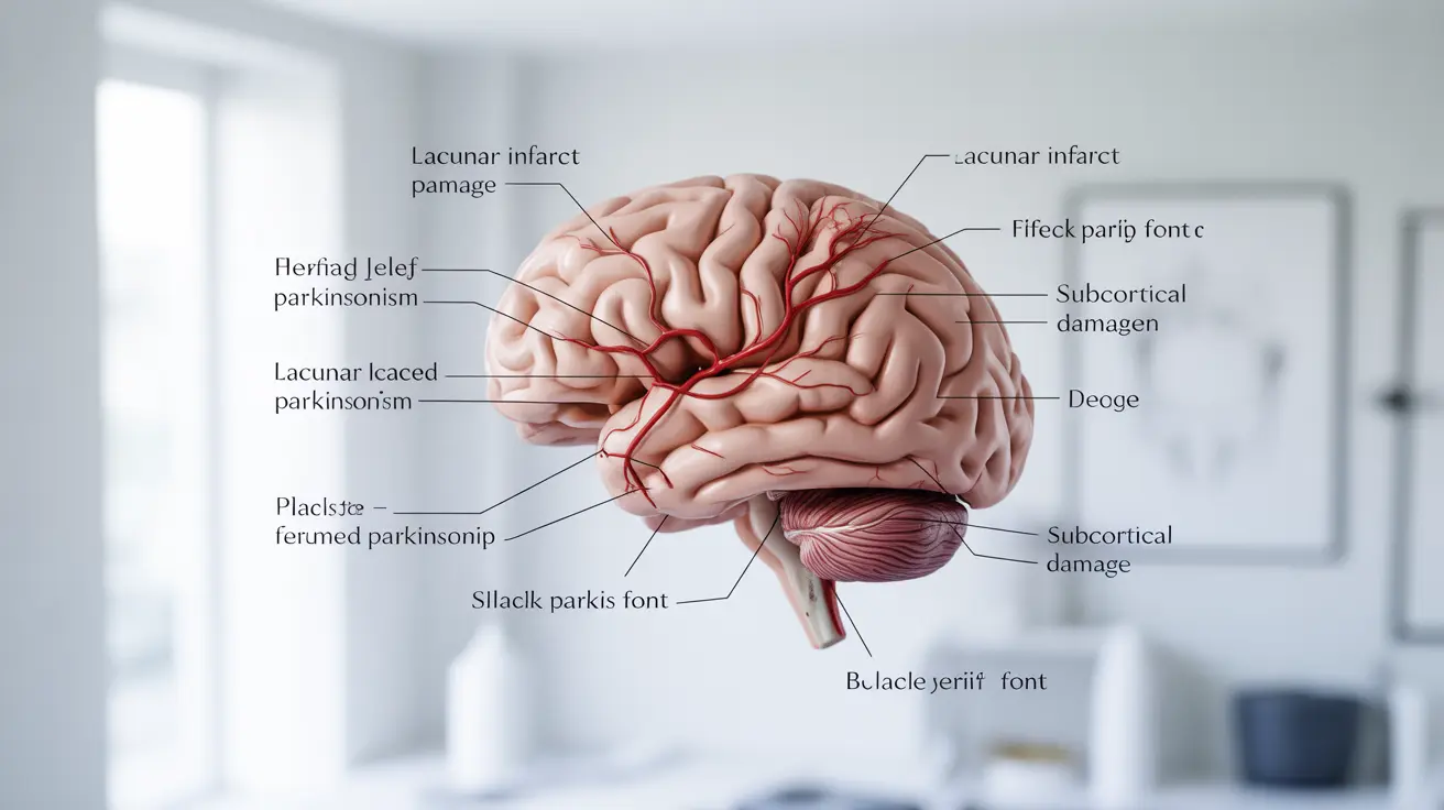 Illustration of human brain highlighting areas impacted by small strokes in vascular parkinsonism, with clear labels in a clinical style