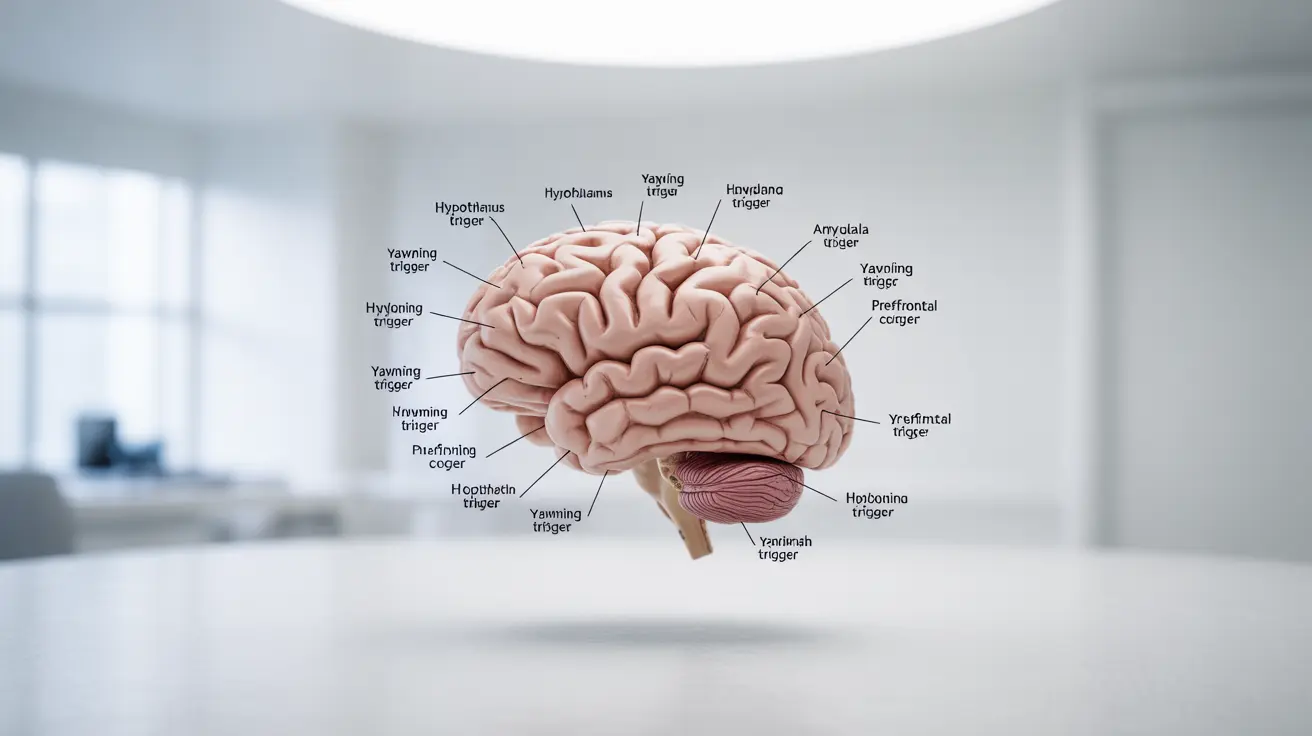 Detailed illustration of a human brain with labels highlighting areas involved in yawning triggers, clean clinical background