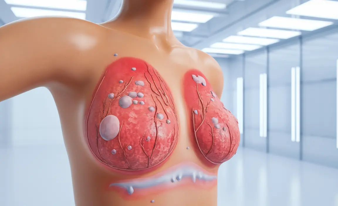 Detailed illustration showing the human breast skin with highlighted areas affected by eczema, including symptoms like redness, dry and scaly patches, and fluid-filled blisters.