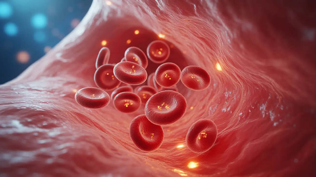 Detailed illustration showing the human circulatory system with emphasis on red blood cells transporting oxygen, highlighting iron molecules, and showcasing energy production processes.
