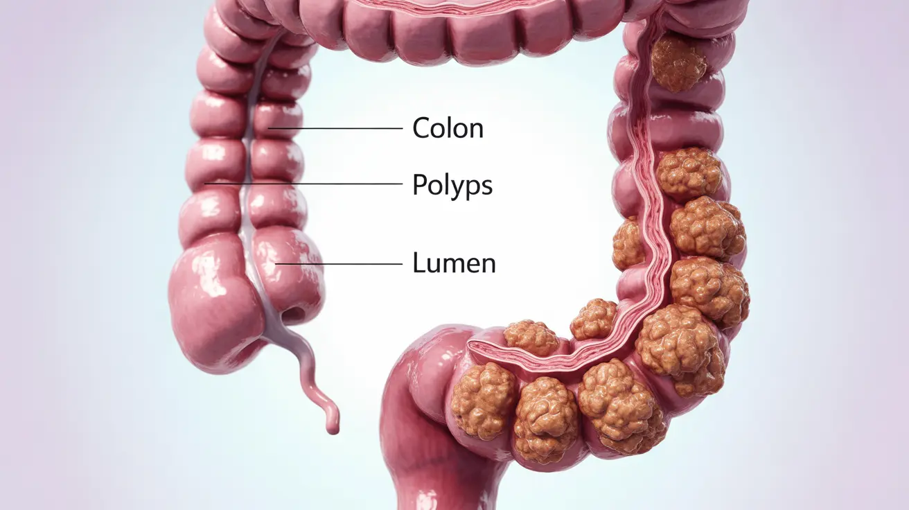 Detailed illustration of the human colon showing multiple colon polyps along the inner lining, highlighting obstruction of normal bowel function.