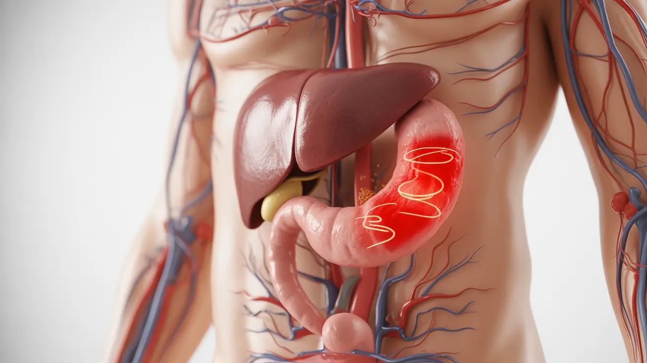 Detailed anatomical illustration of the human digestive system, focusing on the appendix highlighted in red to show inflammation, with visual indicators of stress impacts on digestion, set against a clean, white background.