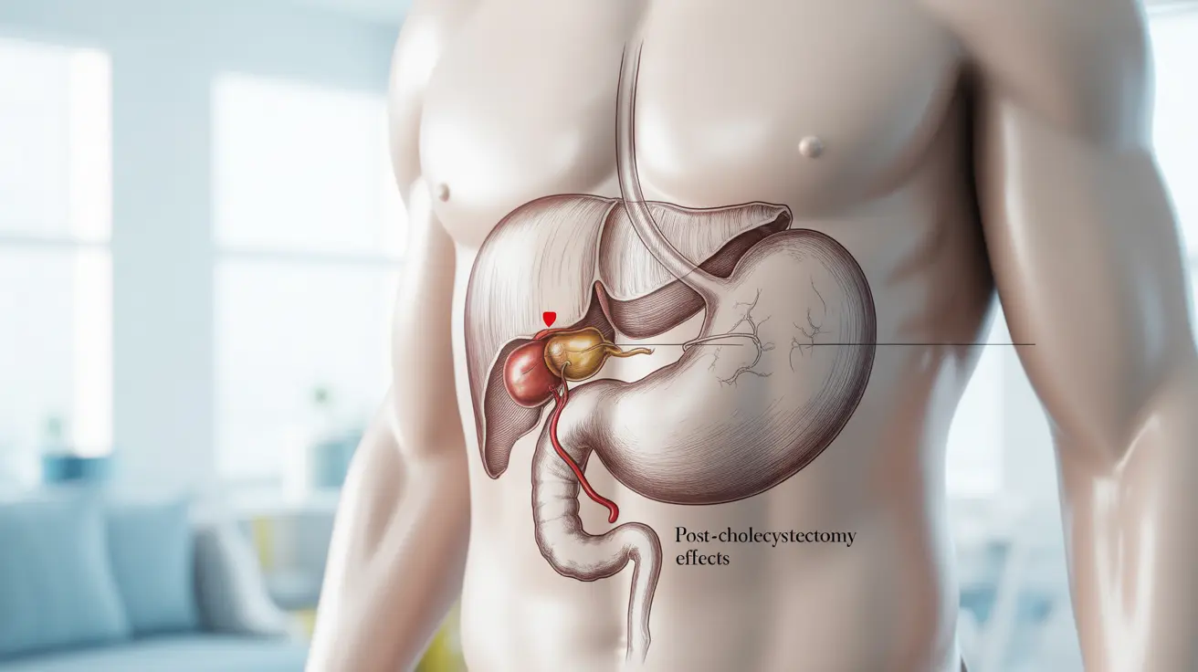 Detailed anatomical illustration of the human digestive system highlighting the gallbladder area, with markers indicating post-cholecystectomy effects.
