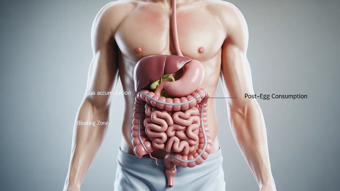 Detailed illustration of the human digestive system highlighting areas affected by gas and bloating after consuming eggs, with clear labels for each part of the digestive tract, bright and informative clinical style.
