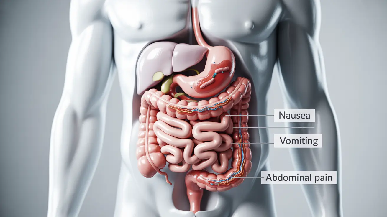 Detailed illustration of the human digestive system highlighting areas affected by gastrointestinal infections, with annotations for symptoms like nausea, vomiting, and abdominal pain.
