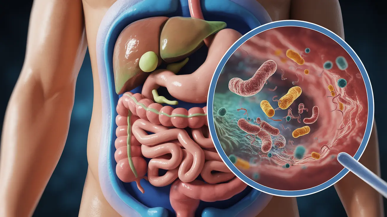 Detailed illustration of human digestive system with highlighted good bacteria aiding nutrient absorption and immune function, abstract gut environment background