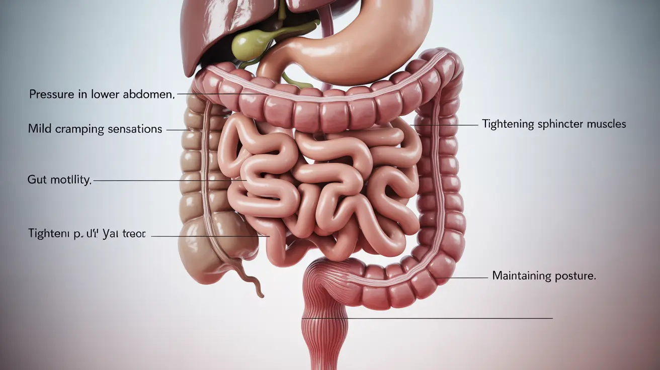 Illustration of human digestive system showing intestines and rectum with labels on body signals like pressure and cramping, featuring techniques like sphincter tightening.