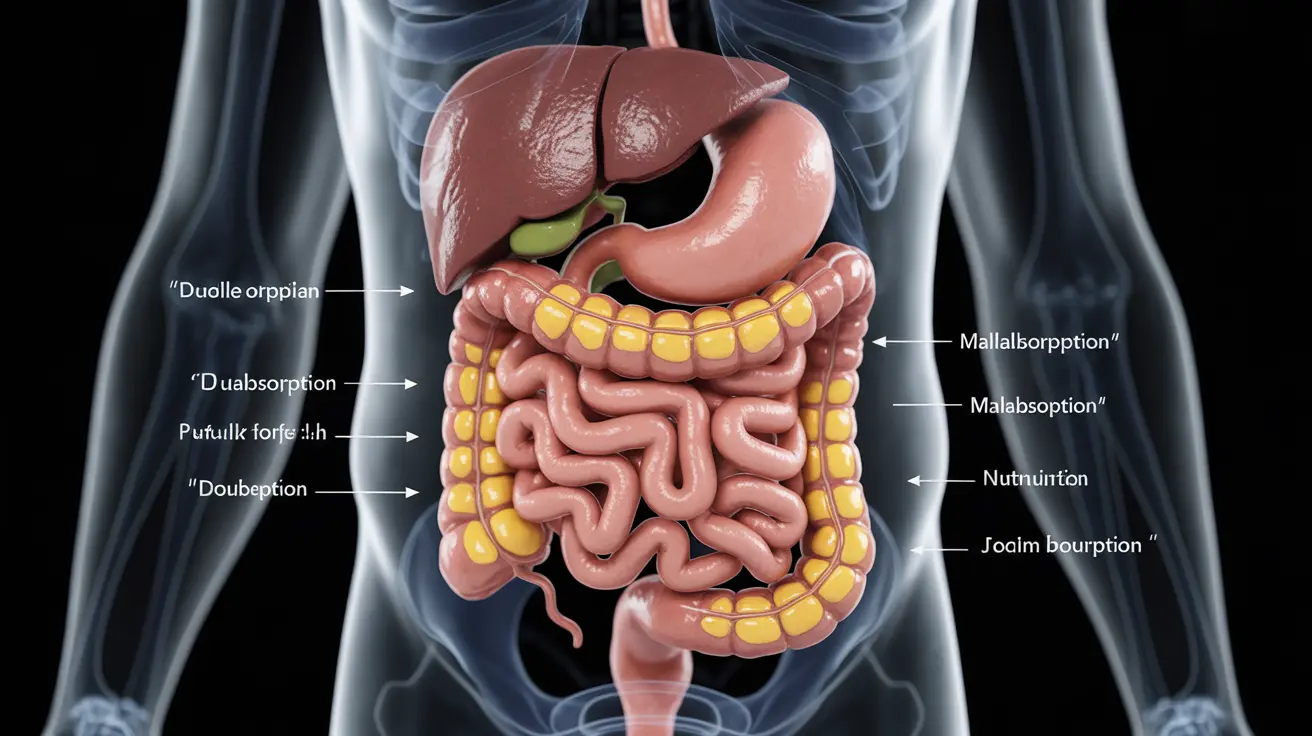 Detailed anatomical illustration of the human digestive system, focusing on nutrient absorption and highlighted areas of malabsorption in a clear, informative style.