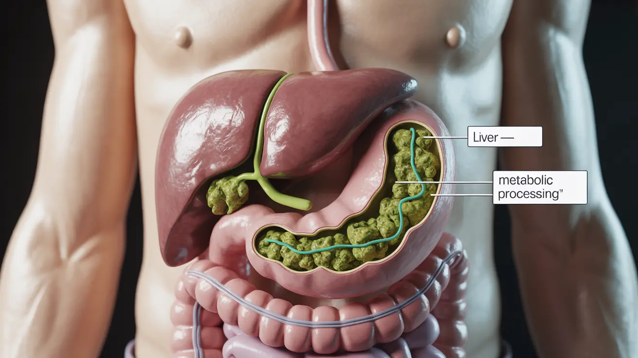 Detailed illustration showcasing the human digestive system with emphasis on THC absorption pathway from cannabis edibles, labeled stomach, intestines, and liver.