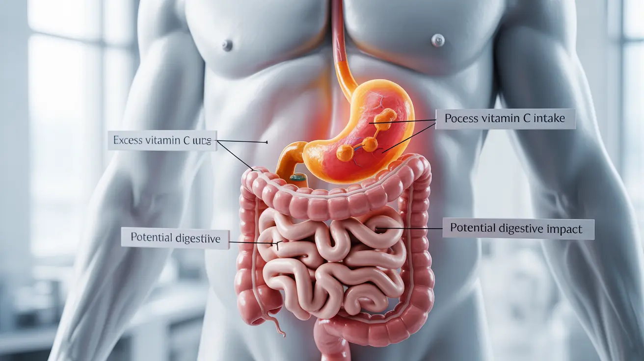 Detailed illustration of the human digestive system showing effects of excessive vitamin C, with stylized vitamin C molecules, highlighting discomfort areas in a clinical background