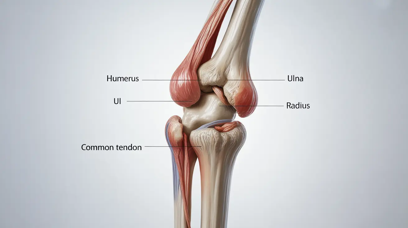 Detailed anatomical illustration of a human elbow joint, showing inflamed tendons, with a clean white background and clear labels indicating the anatomy involved.