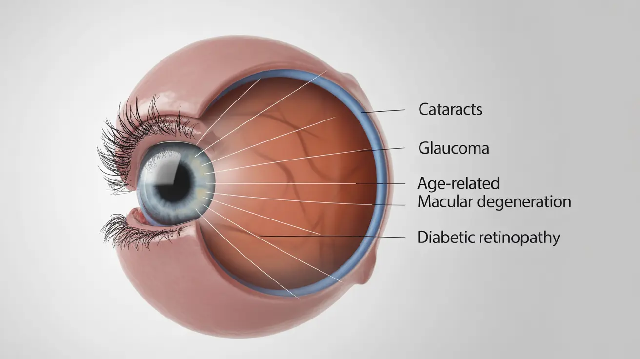 Detailed illustration of human eye anatomy with labeled sections for cataracts, glaucoma, age-related macular degeneration, and diabetic retinopathy, set against a clean white background.