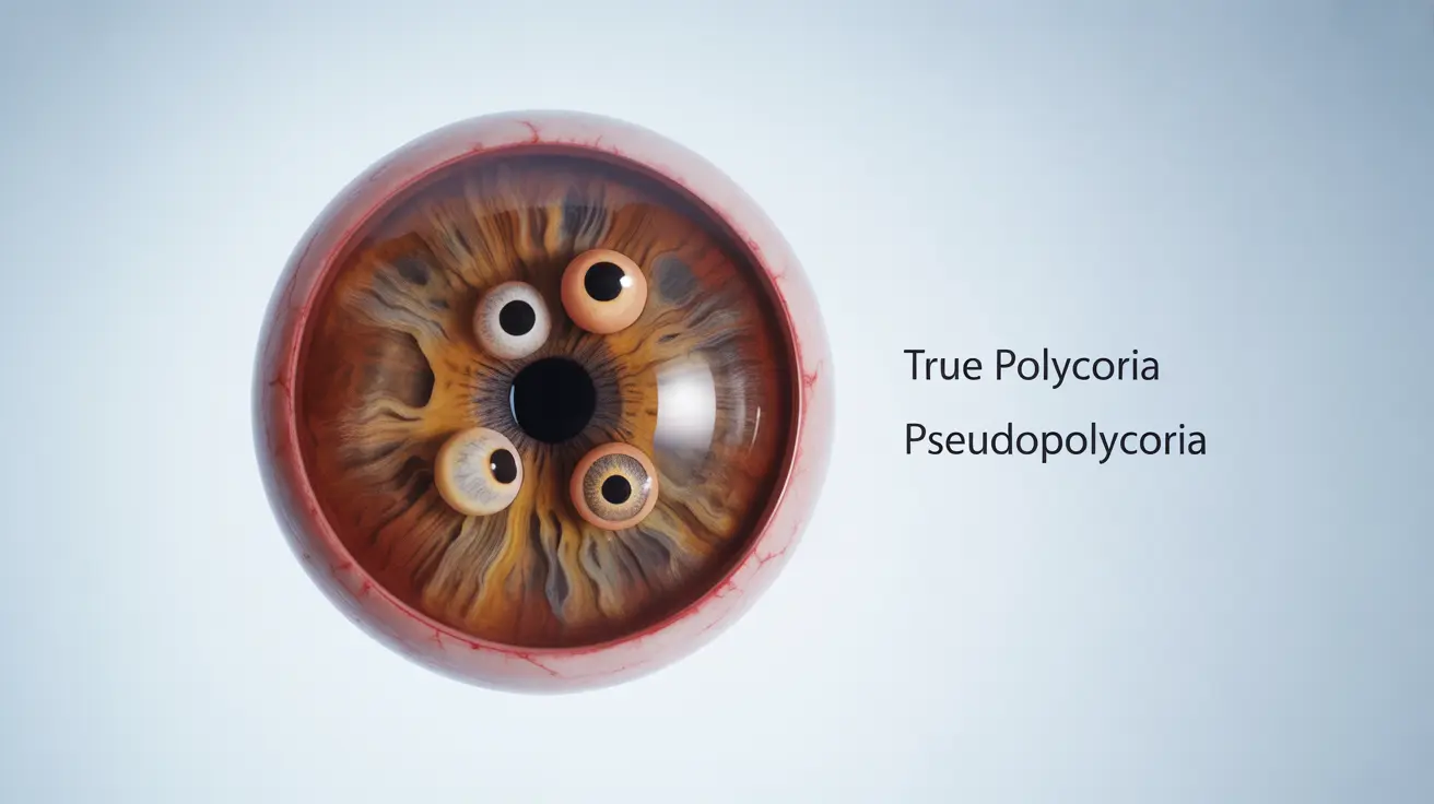 Detailed anatomical illustration of a human eye featuring polycoria, with distinct multiple pupils shown in the iris, clean white background, and informative labels explaining true polycoria and pseudopolycoria.
