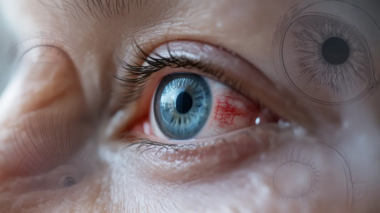Detailed illustration of a human eye with a contact lens, showcasing redness and potential infection signs in bright clinical lighting.