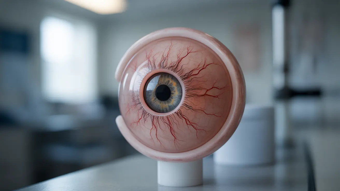 Detailed illustration of a human eye with severe myopia characteristics, showcasing visual distortions and complications like retinal detachment and glaucoma.