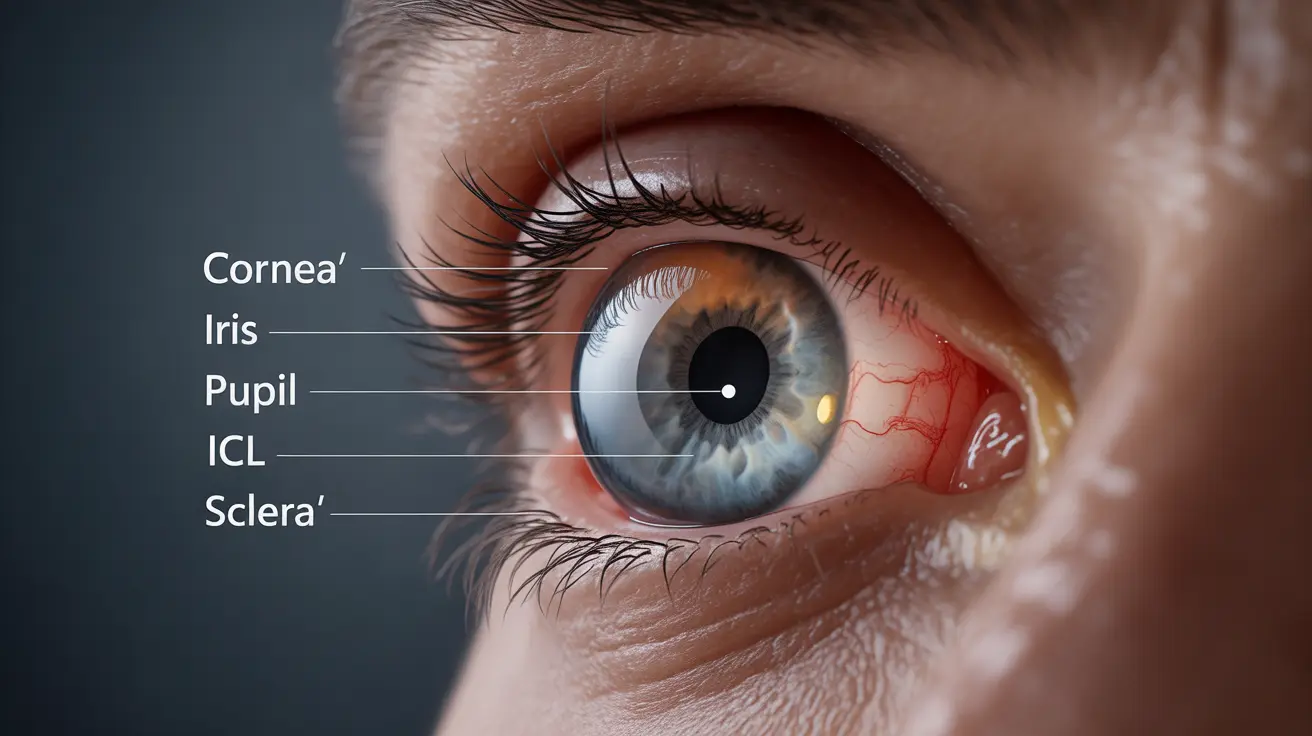 Detailed anatomical illustration of a human eye with an Implantable Collamer Lens (ICL) clearly positioned and labeled inside the eye.