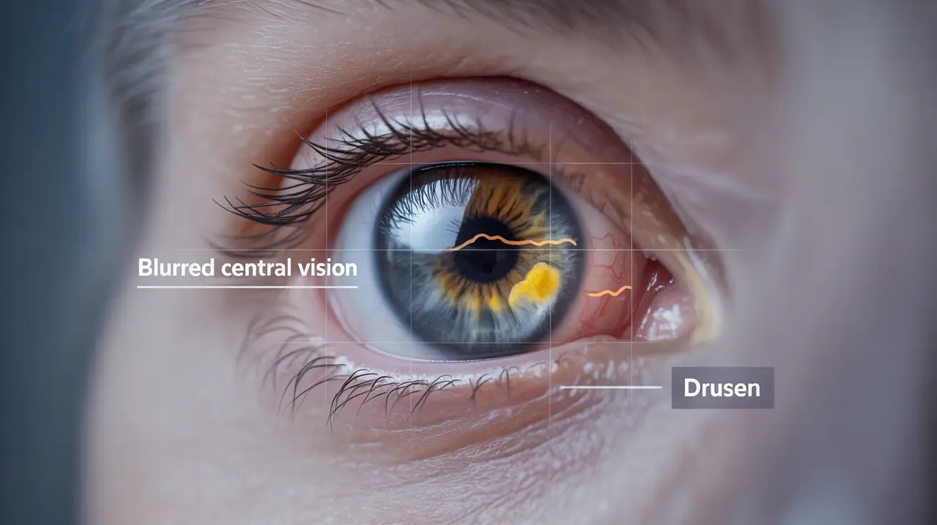 Detailed illustration of a human eye highlighting typical symptoms of macular degeneration, such as blurred central vision and distorted lines.