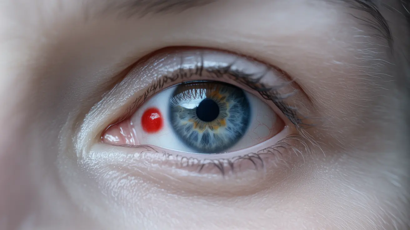 Detailed illustration of a human eye, highlighting a pronounced red dot on the sclera against a neutral clinical background
