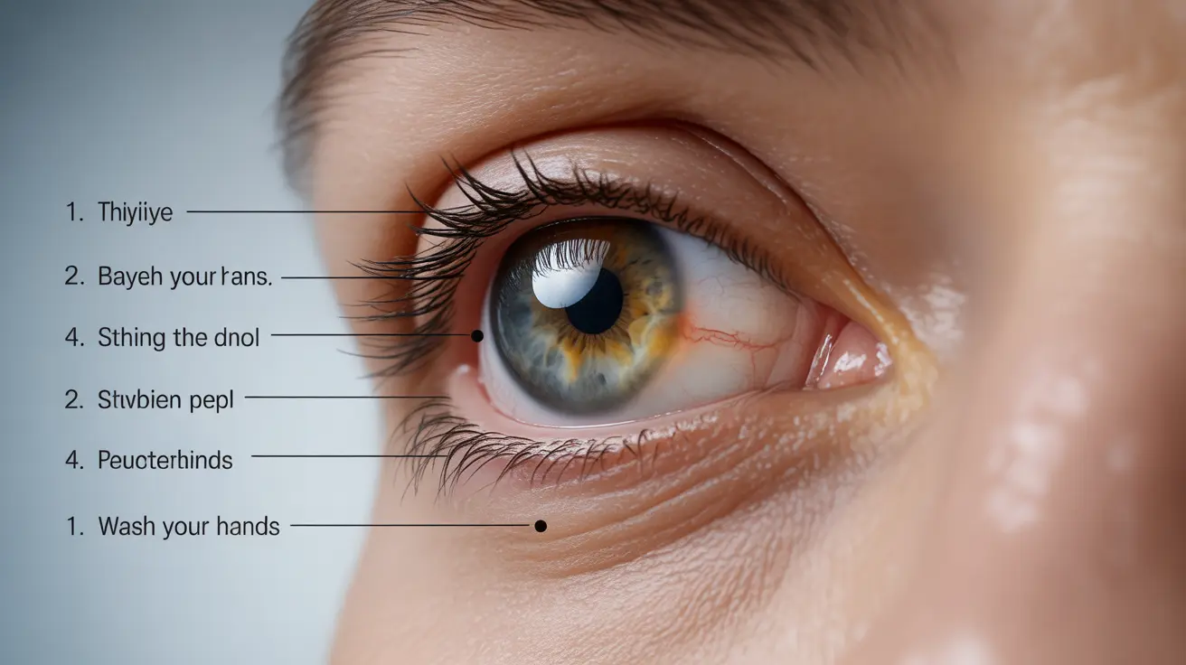 Detailed illustration of a human eye showing a stye on the eyelid, with annotations pointing out hygiene practices to prevent bacteria spread, set against a neutral clinical background