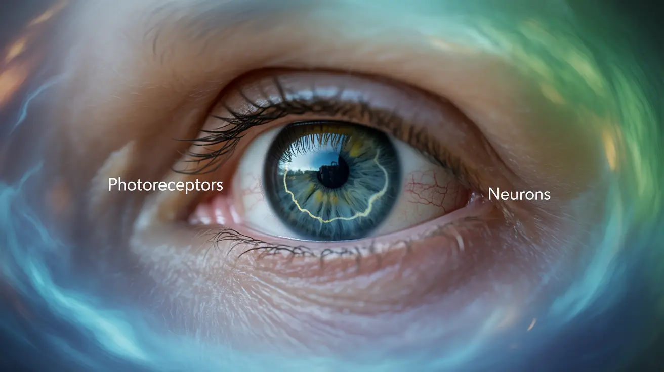 Detailed illustration of the human eye with labeled components like photoreceptors and neurons, illustrating visual processing against an abstract background