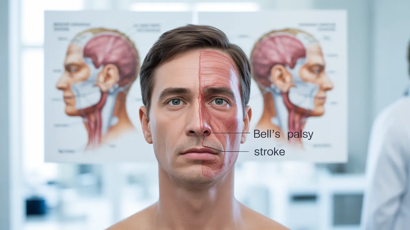Detailed illustration of a human face with one side showing facial drooping, annotated with condition labels, set against a clinical background with anatomical diagrams.