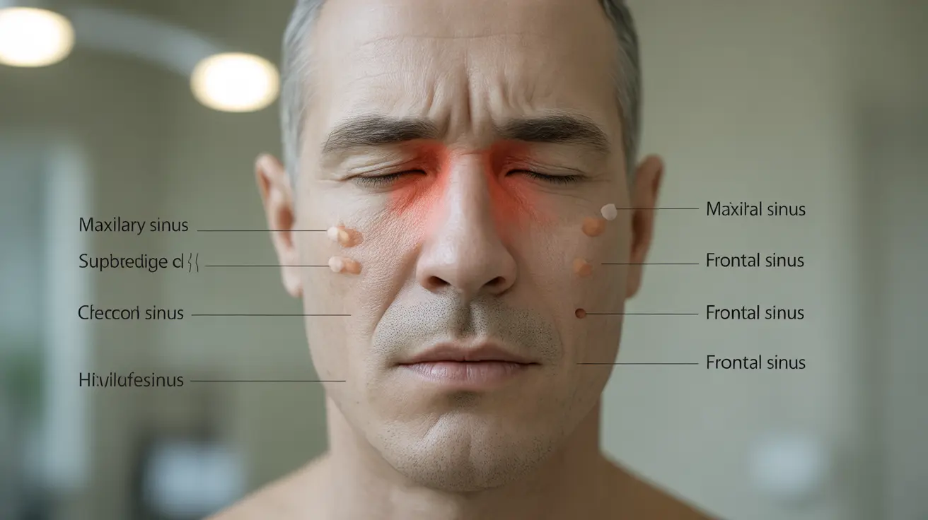 Detailed illustration of a human face focusing on highlighted sinus areas, showing pressure points and associated pain without nasal congestion, soft clinical background with informative labels, clear and educational presentation.