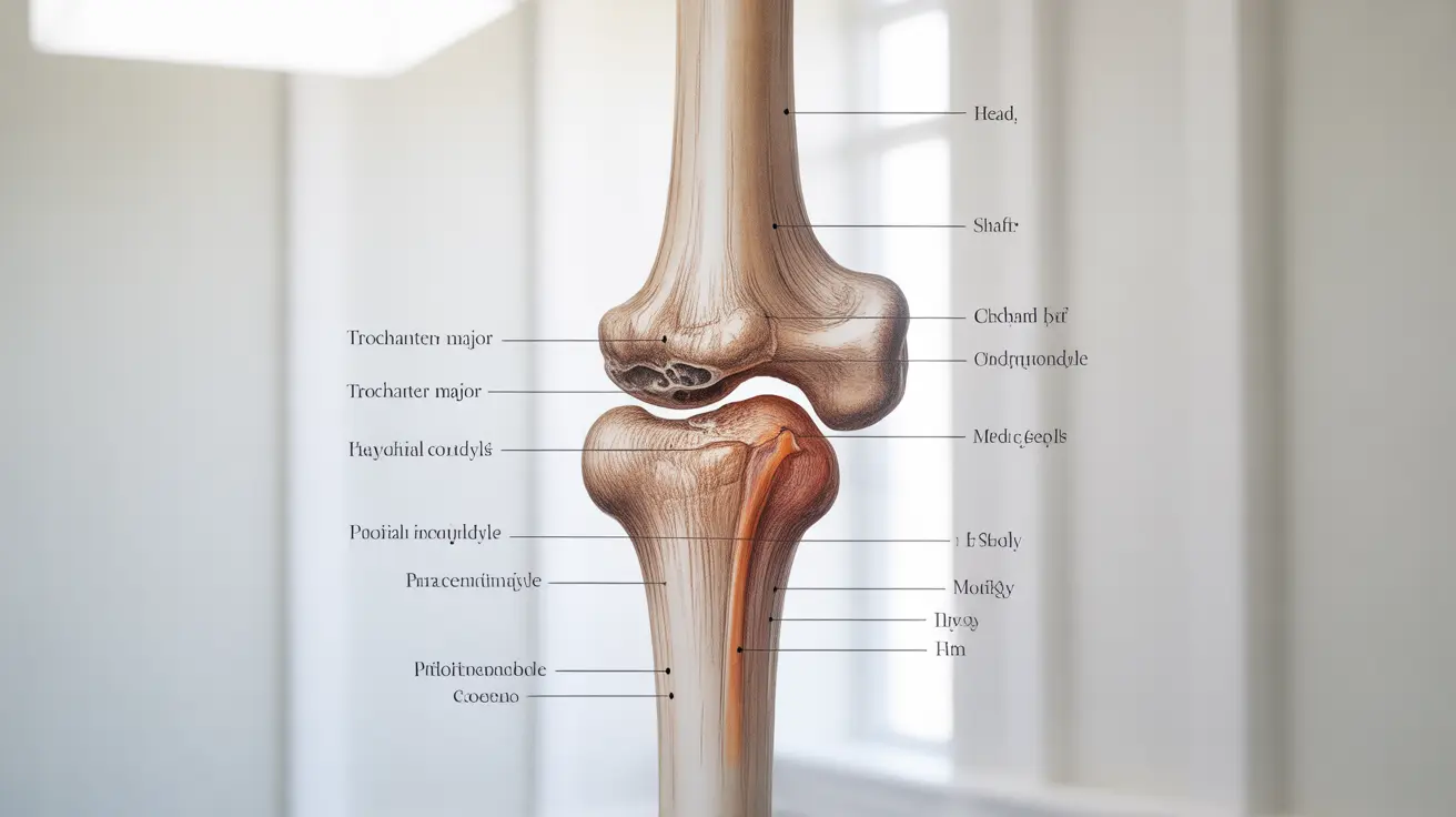 Detailed anatomical illustration of the human femur, showcasing its parts like the head, shaft, and condyles against a clean white background.