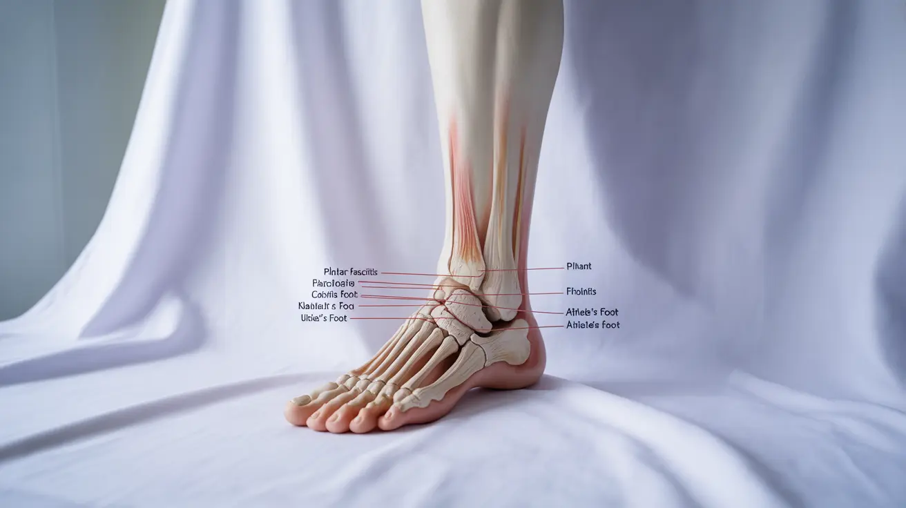 Detailed anatomical illustration of a human foot with labels highlighting common conditions like plantar fasciitis and athlete's foot, set against a clean white background.