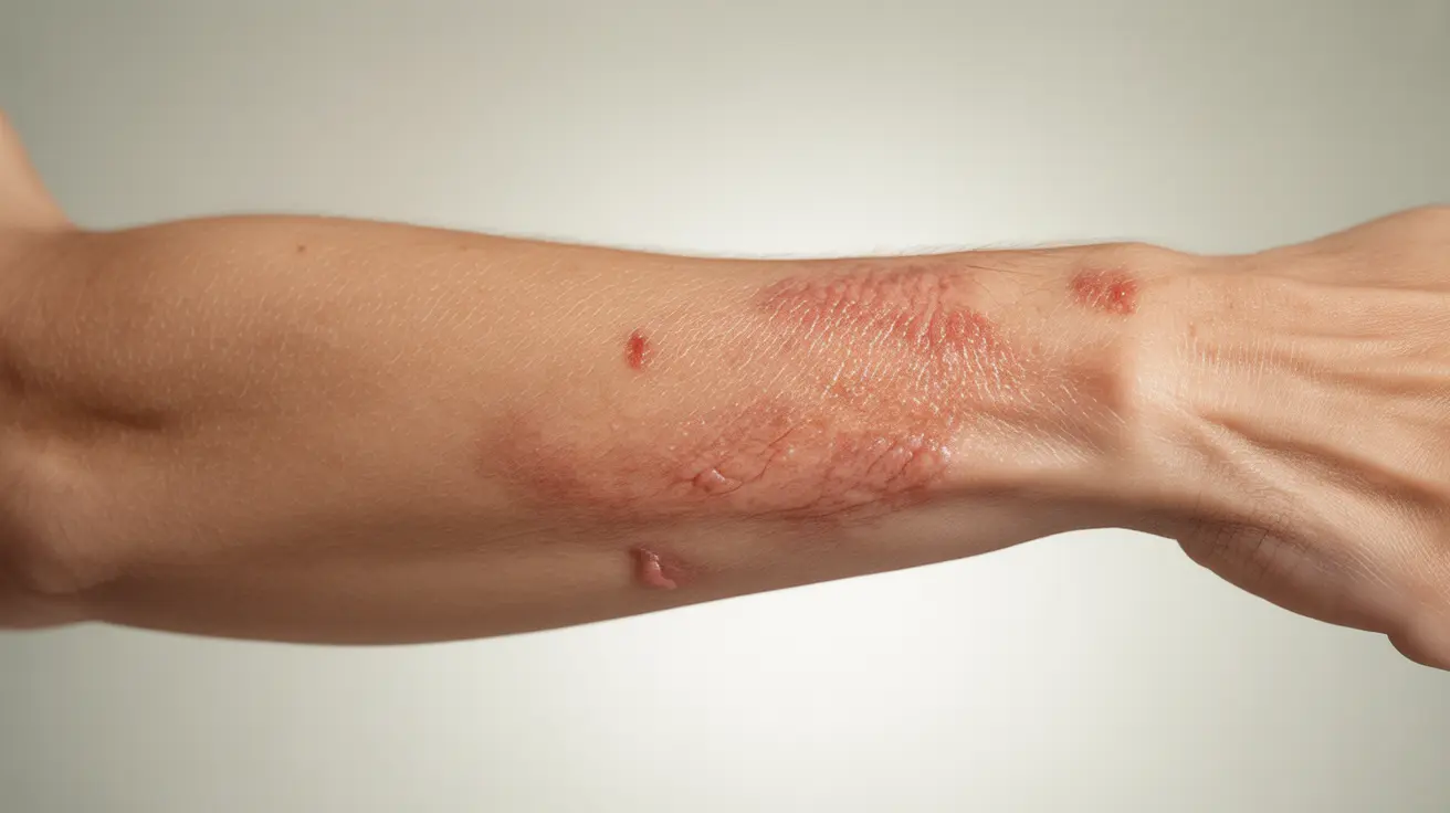 Close-up of a human forearm showing allergic reactions to polyester fabric, with skin redness, hives, and irritation in a clinical setting.