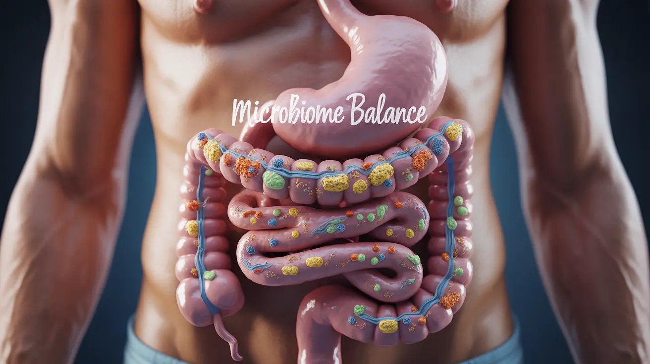 Illustration of human gut, showing interaction between bacteria and food particles, vibrant, educational, highlighting balanced microbiome