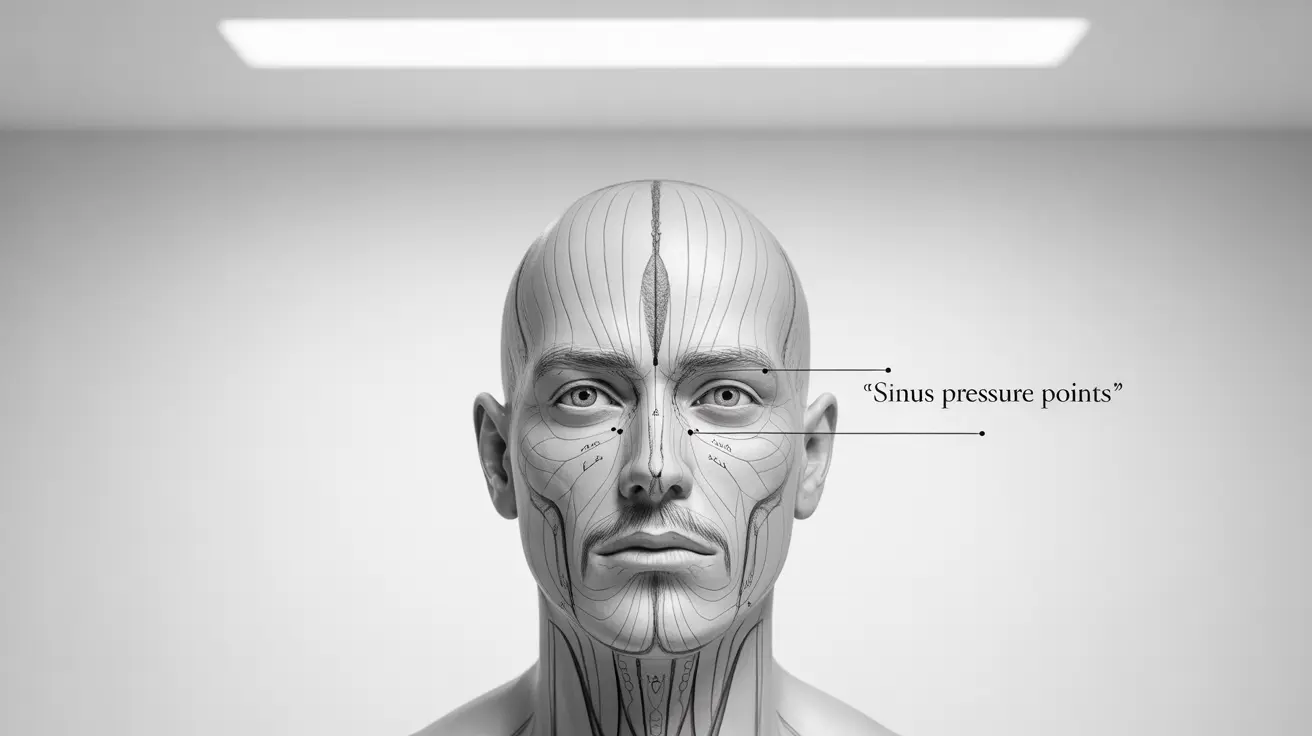 Detailed anatomical illustration of a human head, highlighting the sinuses with pressure points marked on the forehead, cheekbones, and bridge of the nose.