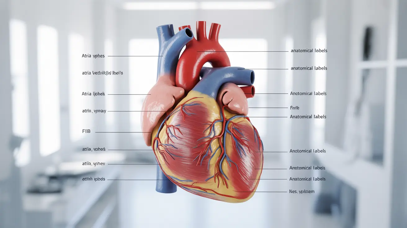 Illustration of human heart with AFib, labeled sections and rhythms, clinical setting