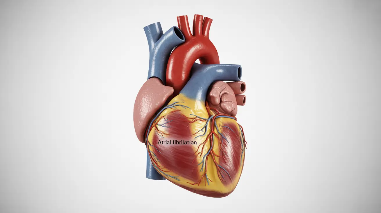 Detailed anatomical illustration of the human heart highlighting the atria and ventricles, with visual indicators of irregular heart rhythm