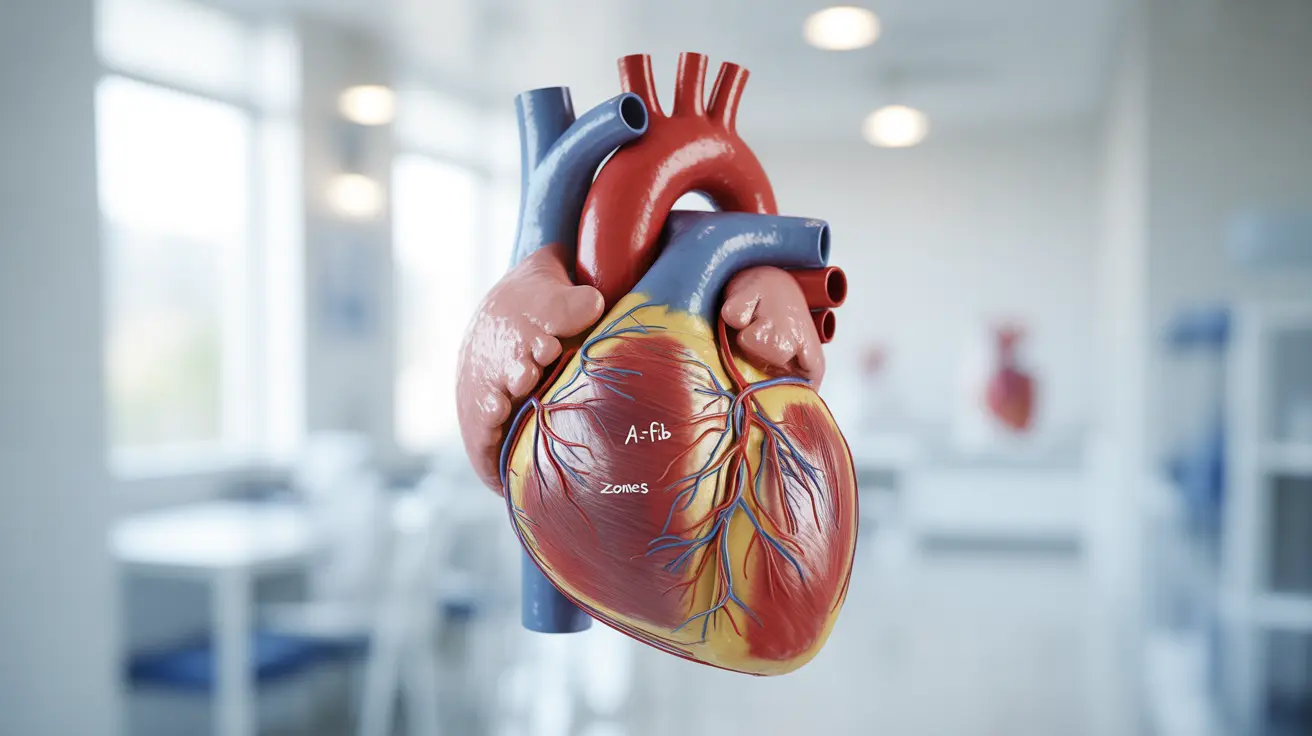 Detailed illustration of the human heart highlighting atrial fibrillation, showcasing the heart's electrical pathways against a neutral clinical background.