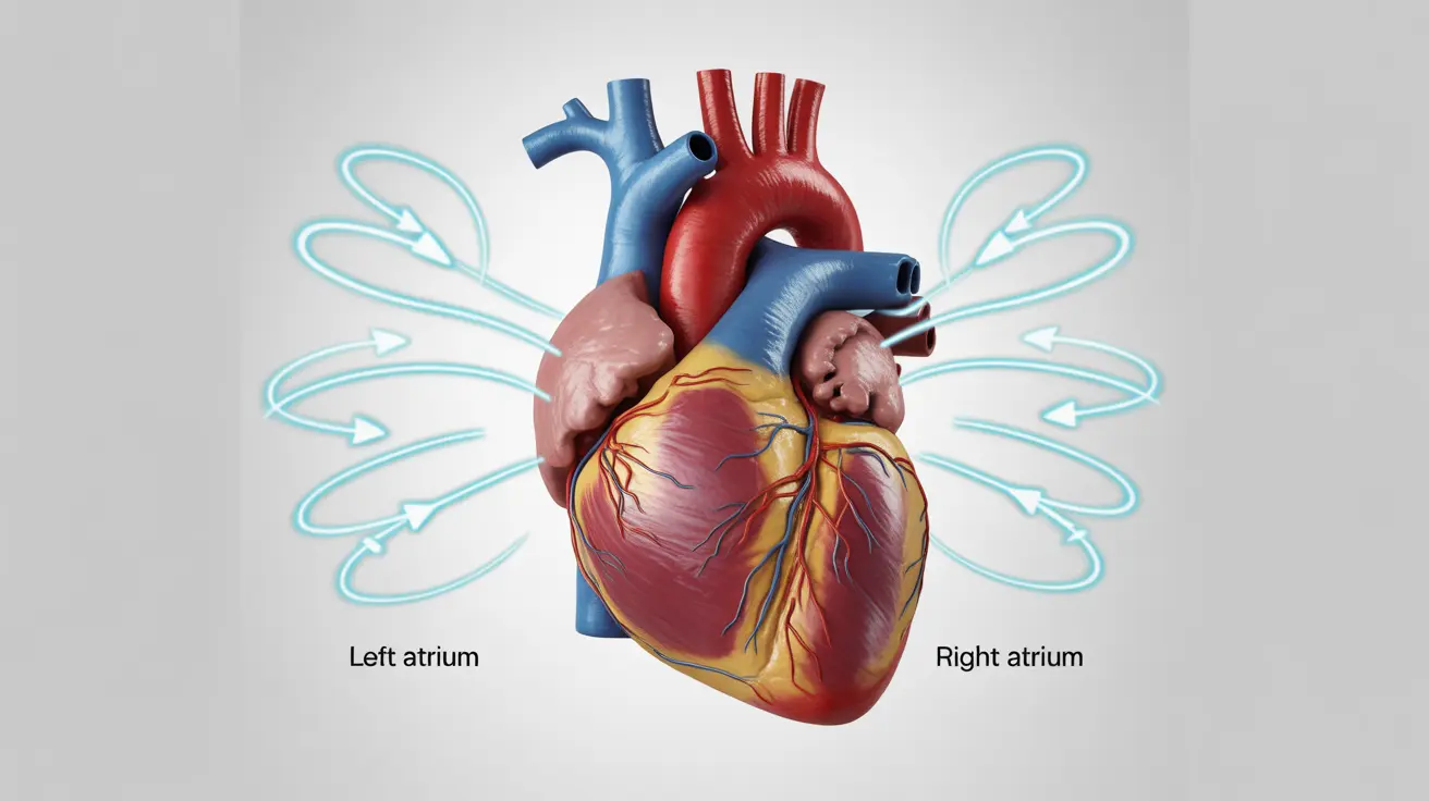 Illustration of human heart showing atrial chambers with irregular electrical activity, arrows, waves, white background