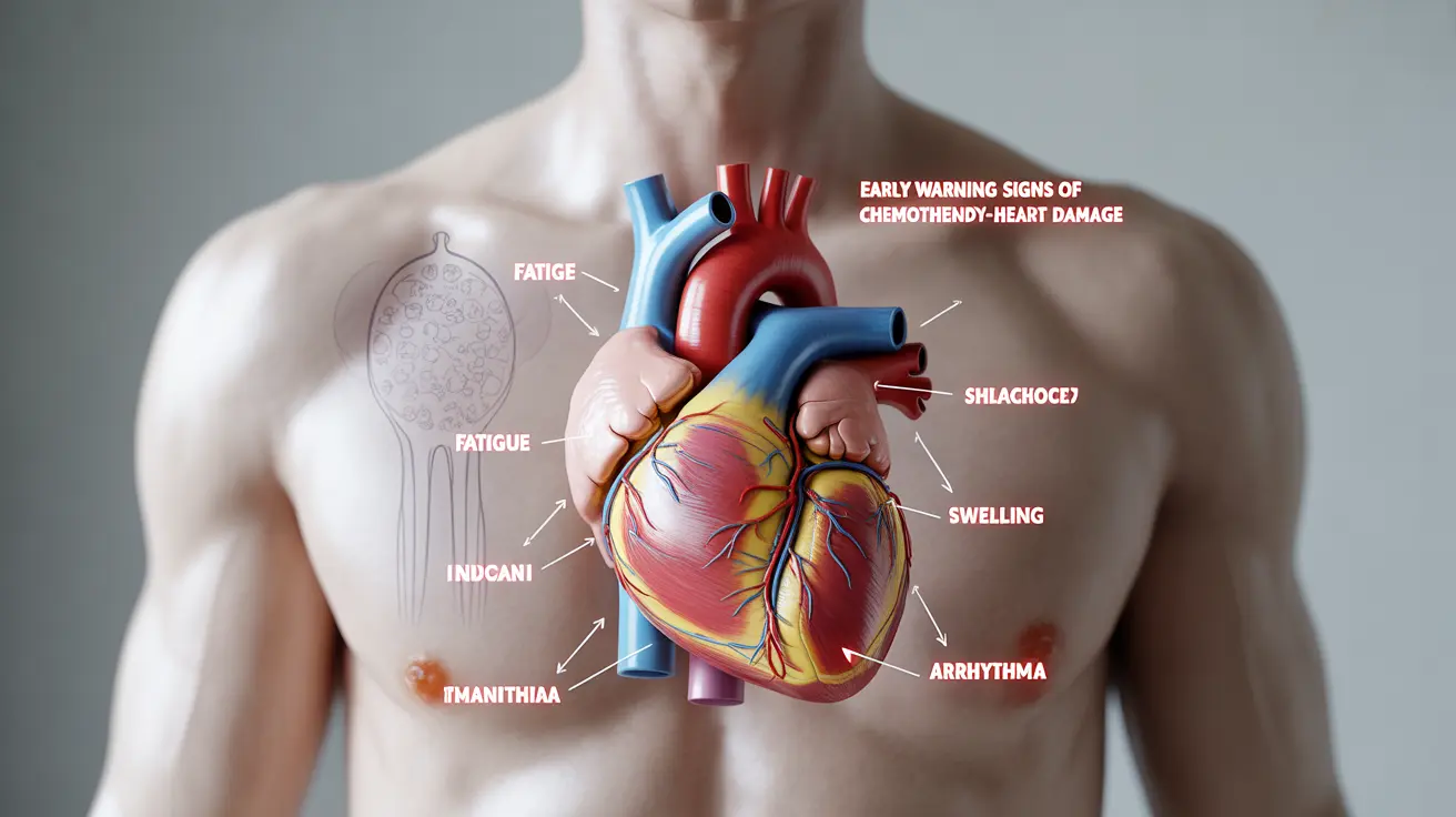Detailed illustration of the human heart with symptoms such as fatigue, swelling, and arrhythmia on a neutral background, labeled diagram of chemo-induced heart damage signs.