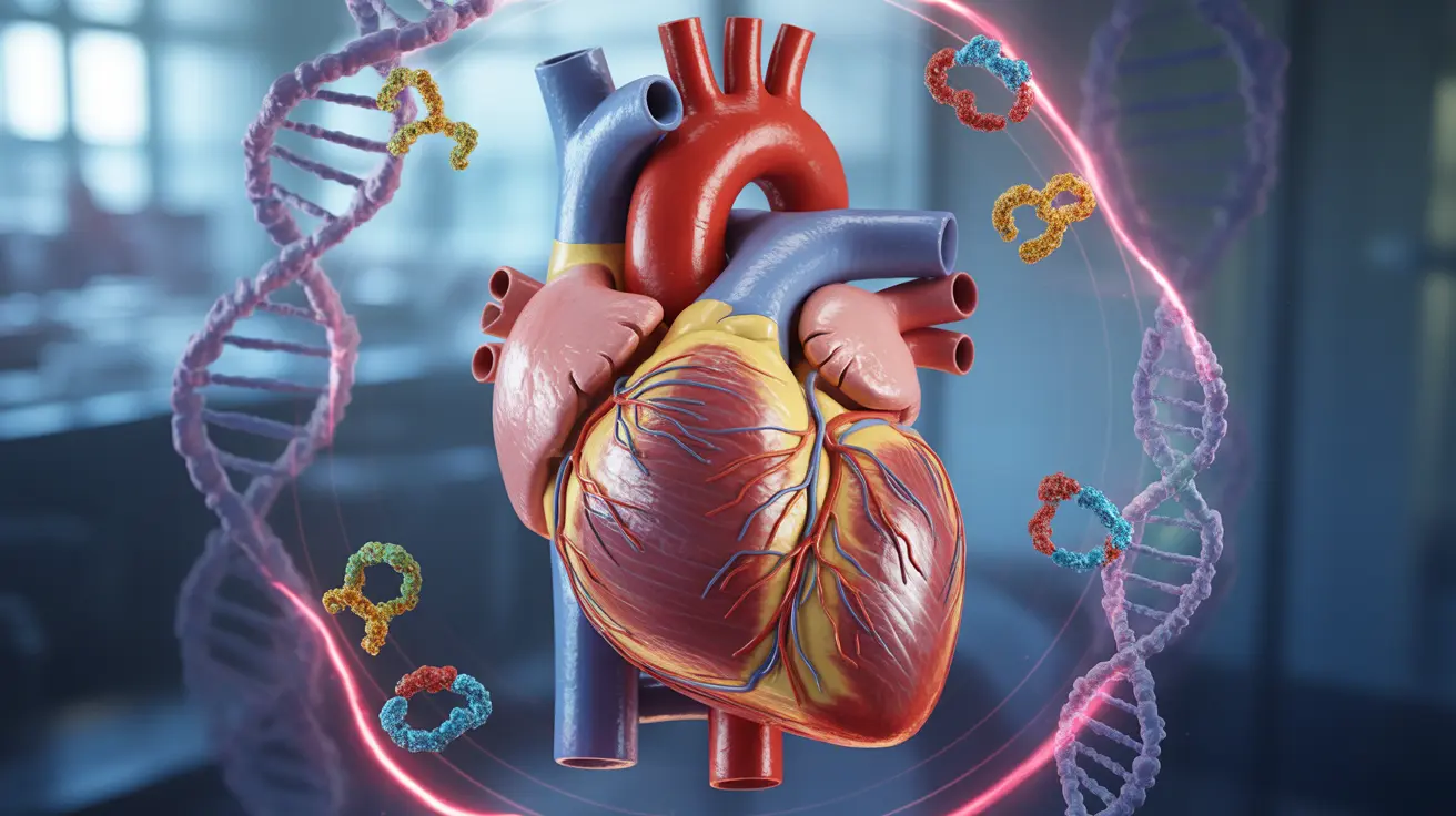 Detailed illustration of the human heart showcasing its electrical pathways and ion channels, with molecular structures representing genetic mutations in bright clinical lighting.