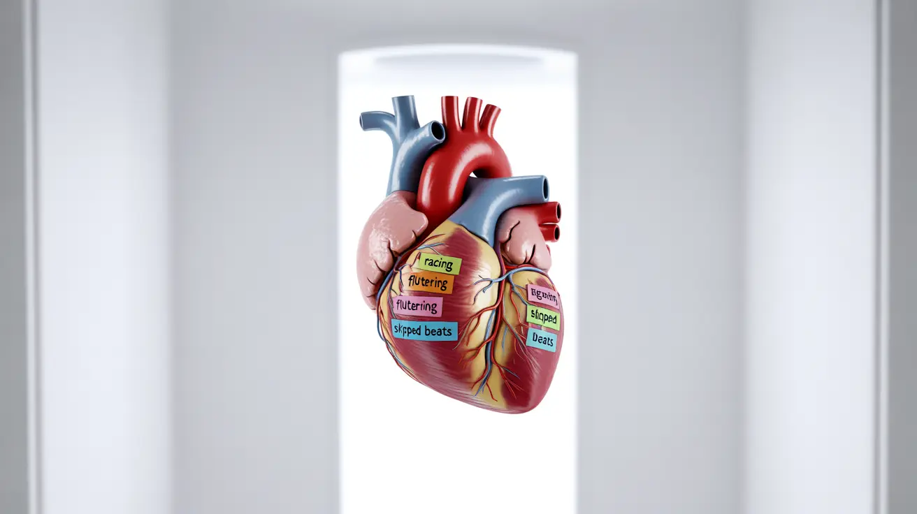 Detailed illustration of a human heart showing racing, fluttering, and skipped beats with color-coded labels in a bright clinical setting