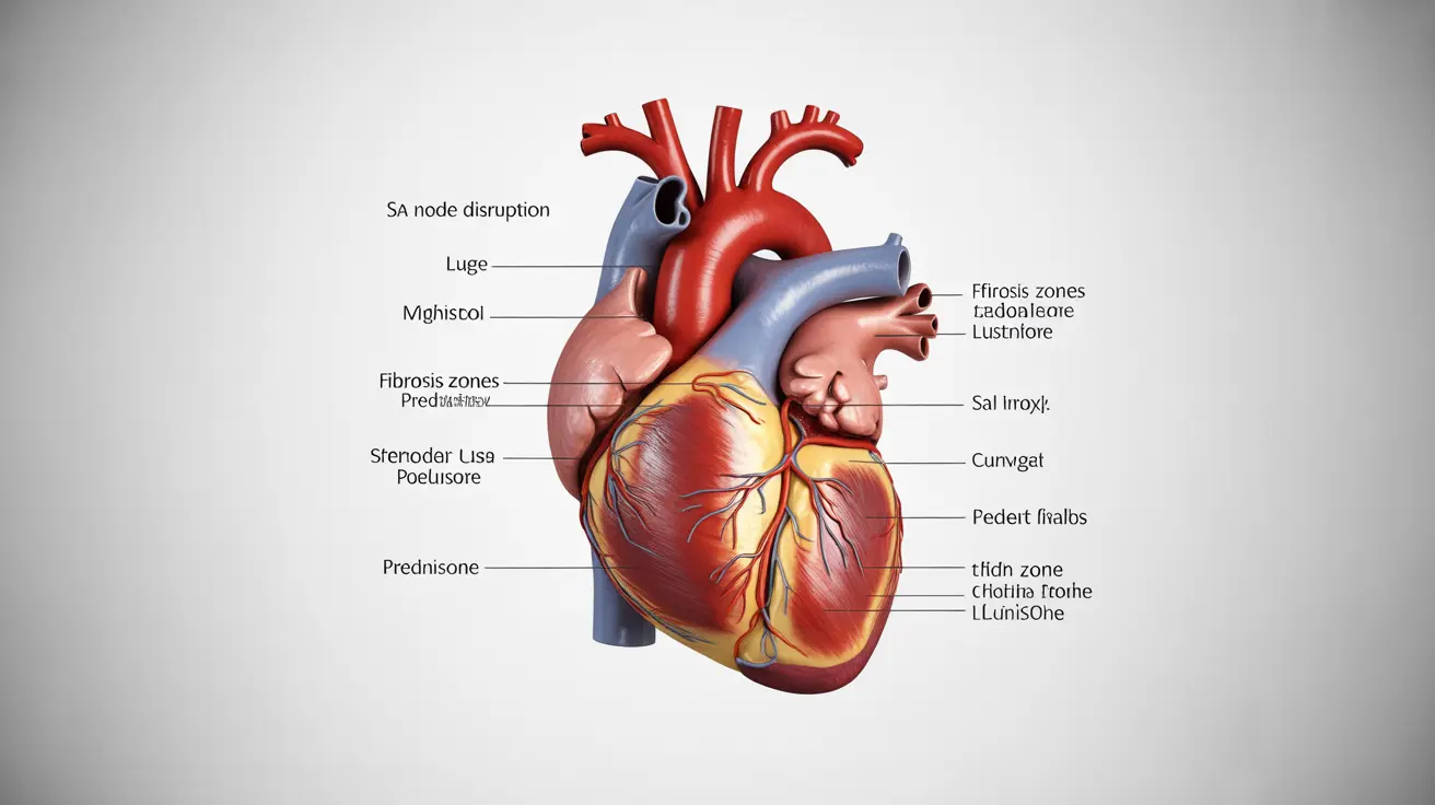 Detailed anatomical illustration of the human heart, with highlighted areas showing the impact of steroids like prednisone on heart rhythm and function, clean white background, informative and clinical style with clear labels for impacted areas.