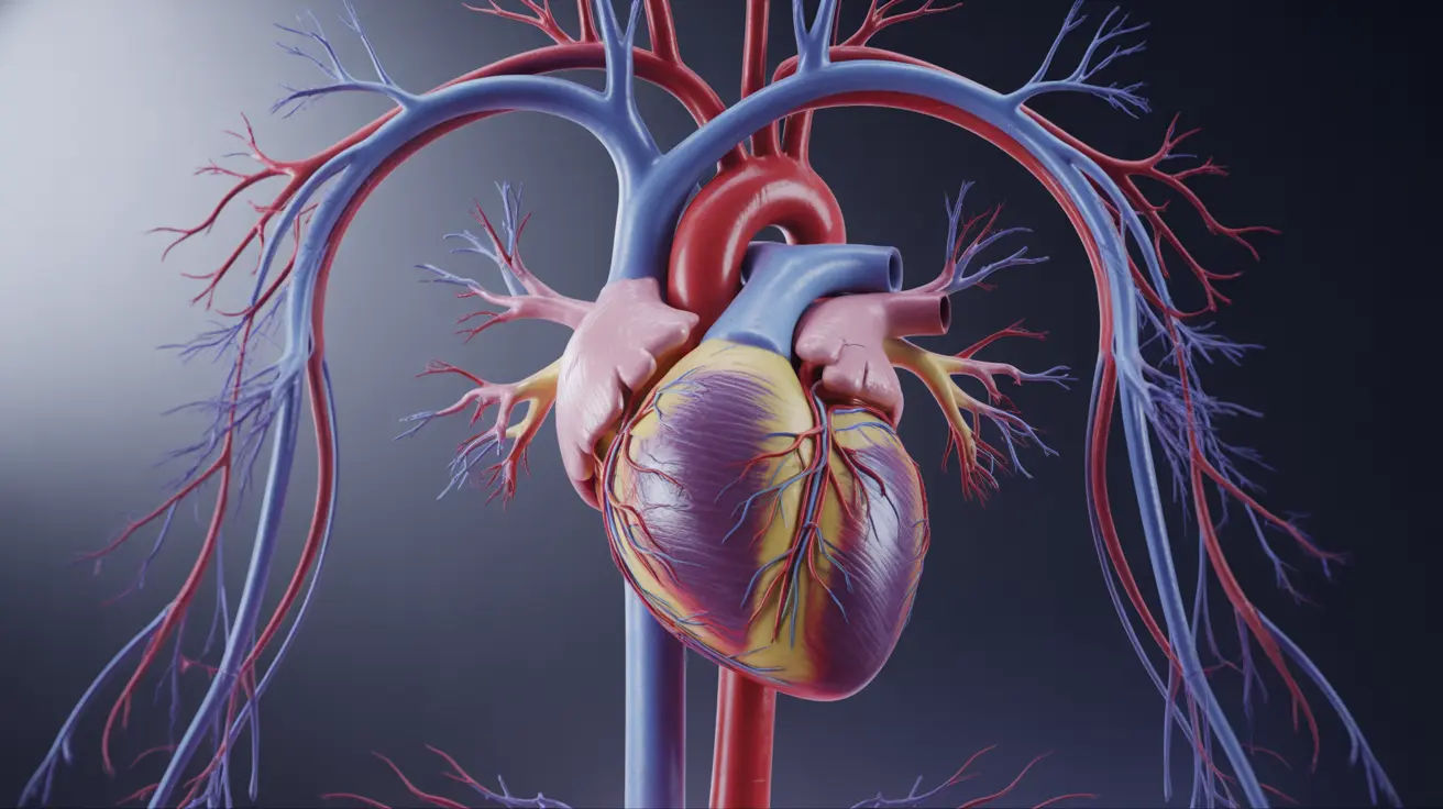 Detailed illustration of the human heart with arteries and veins highlighted, alongside the thyroid gland, showcasing blood flow influenced by thyroid hormones.