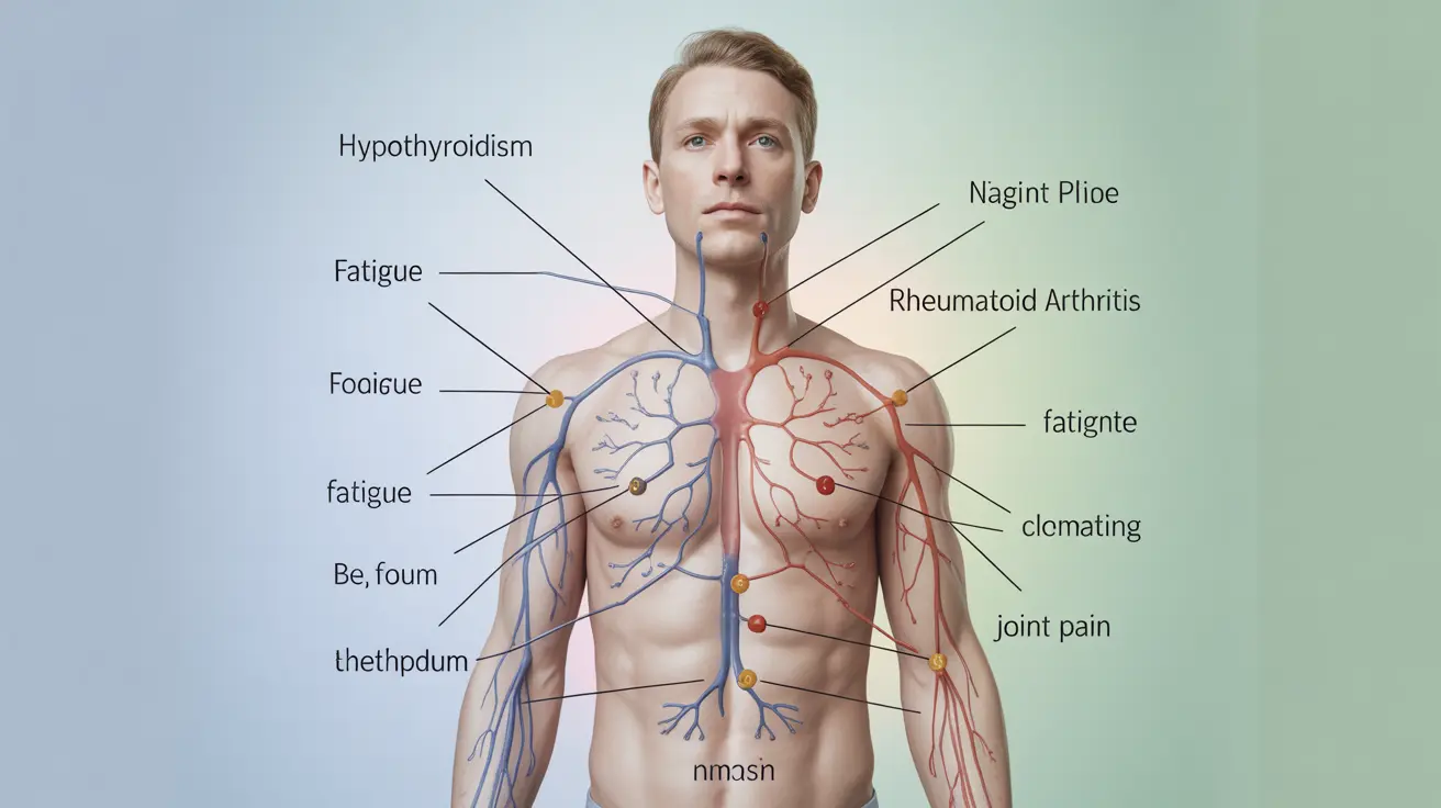 Detailed illustration showing a diagram of the human immune system highlighting connections between hypothyroidism and rheumatoid arthritis, with overlapping symptoms on a clean background