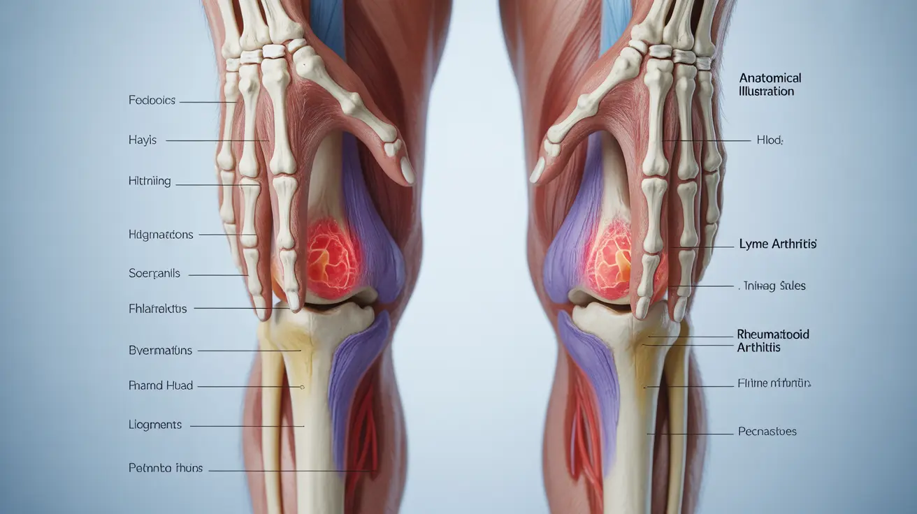 Illustration of human joints showing inflammation areas for Lyme arthritis and rheumatoid arthritis, with clear labels in a clinical setting