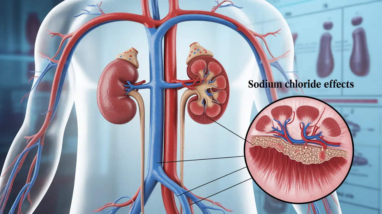 Detailed illustration showing the human kidneys and cardiovascular system, highlighting the effects of sodium chloride on blood pressure and kidney function, with clear labeling and bright clinical lighting in an educational style.