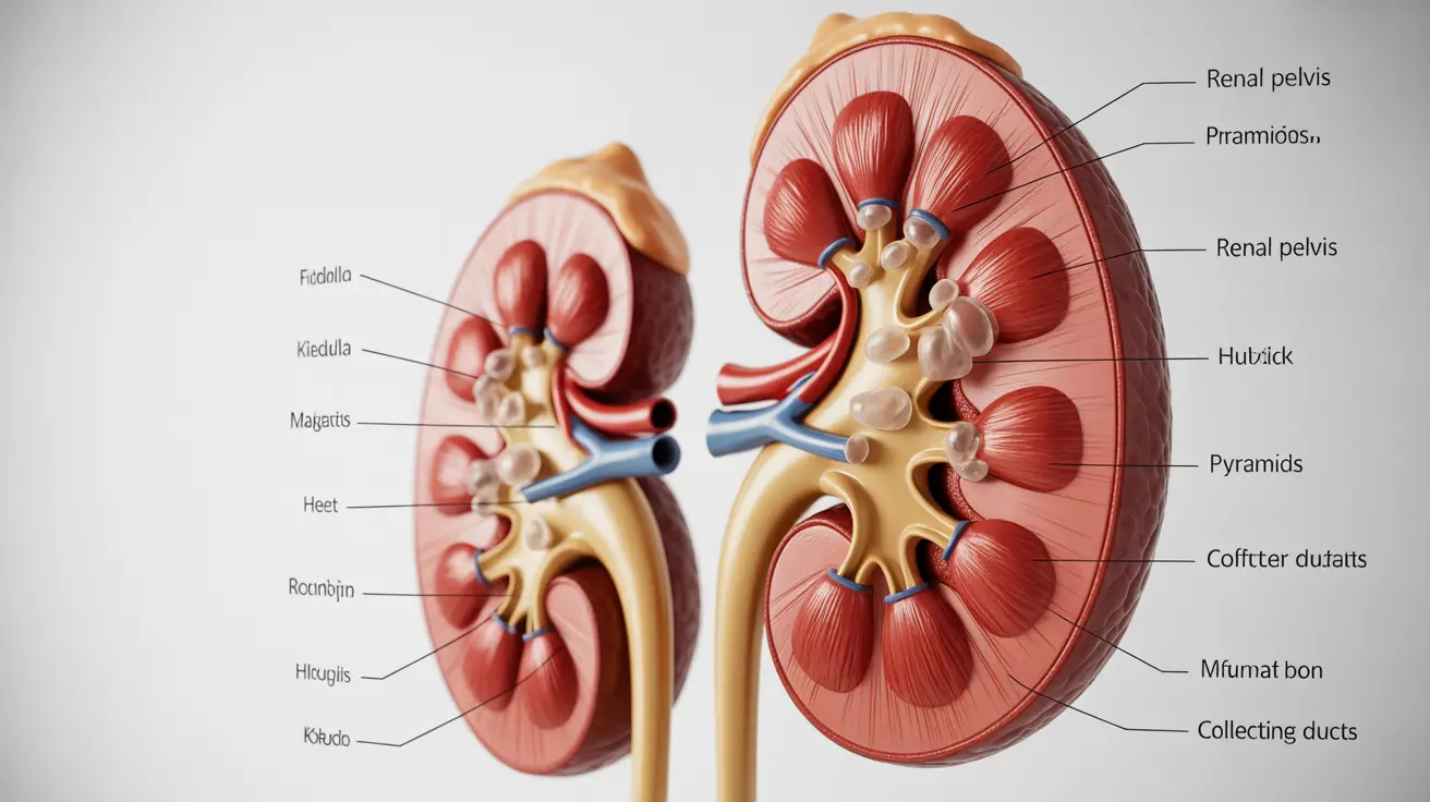 Detailed anatomical illustration of human kidneys showing medullary cystic kidney disease, with small cysts depicted in the medulla region on a clean white background.