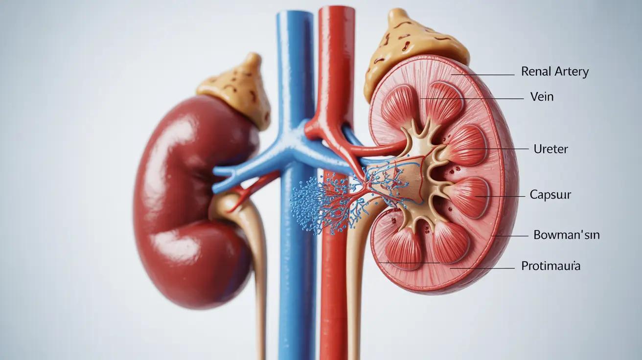Detailed anatomical illustration of human kidneys and urinary system, emphasizing the filtration process showing protein in urine, clean white background.