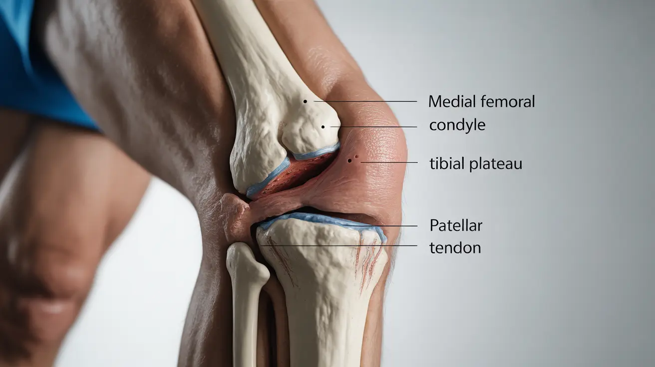 Detailed anatomical illustration of a human knee joint focusing on kneecap and cartilage, showing breakdown from chondromalacia patella on a bright white background