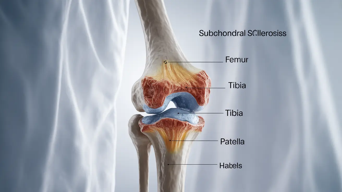 Detailed illustration of human knee joint with increased bone density beneath cartilage, labeled structures, educational