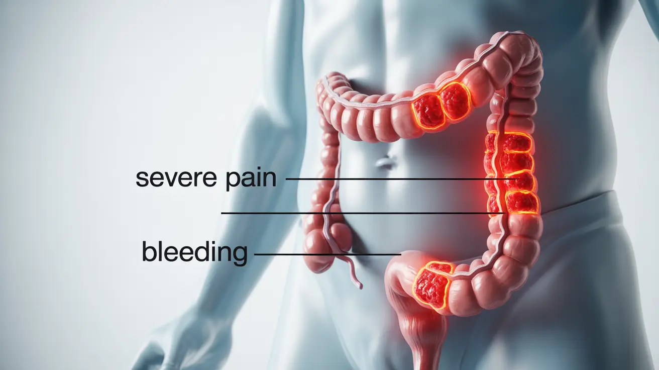 Detailed illustration of the human large intestine focusing on pancolitis, showing areas of inflammation with labels indicating symptoms like severe pain and bleeding.
